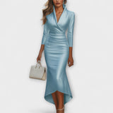 Rebecca - Elegantna bijela satenska midi haljina s V izrezom