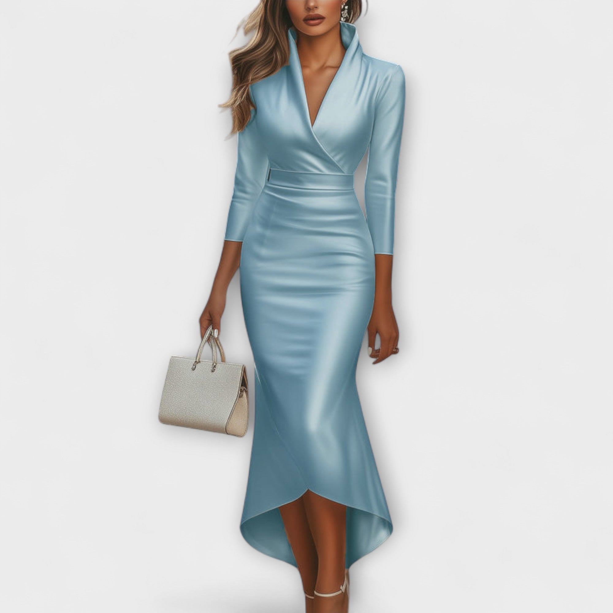 Rebecca - Elegantna bijela satenska midi haljina s V izrezom