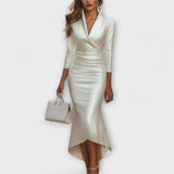 Rebecca - Elegantna bijela satenska midi haljina s V izrezom