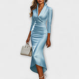 Rebecca - Elegantna bijela satenska midi haljina s V izrezom