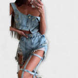 Gaia - Stylish svijetloplavi denim crop top s detaljima na ramenima i kompletom poderanih šortseva