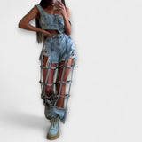 Gaia - Stylish svijetloplavi denim crop top s detaljima na ramenima i kompletom poderanih šortseva